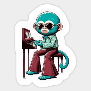 Groovy 70s Piano-Playing Monkey - Colorful Cartoon Vector Art Sticker